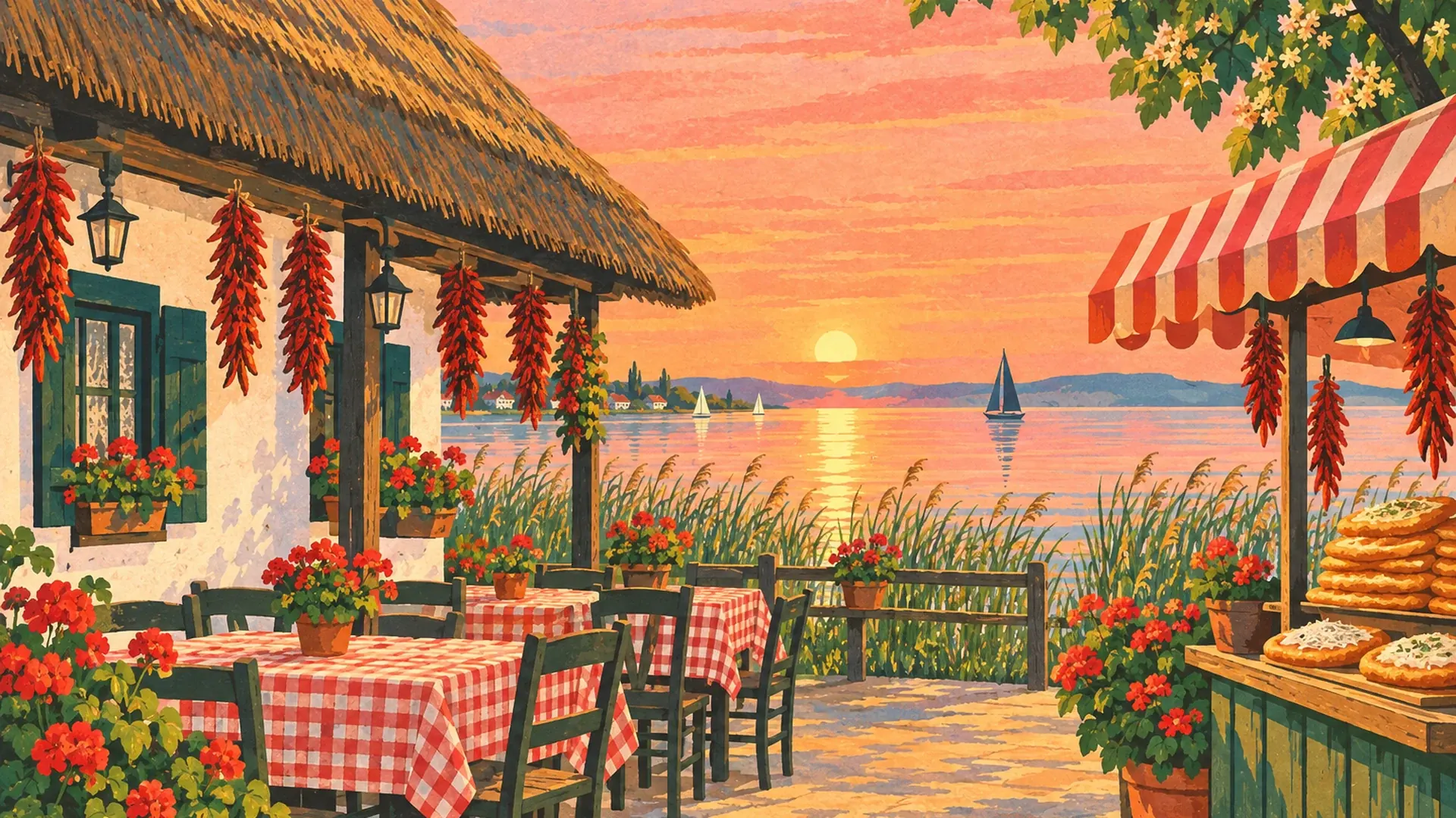 Thatched csárda by the lake